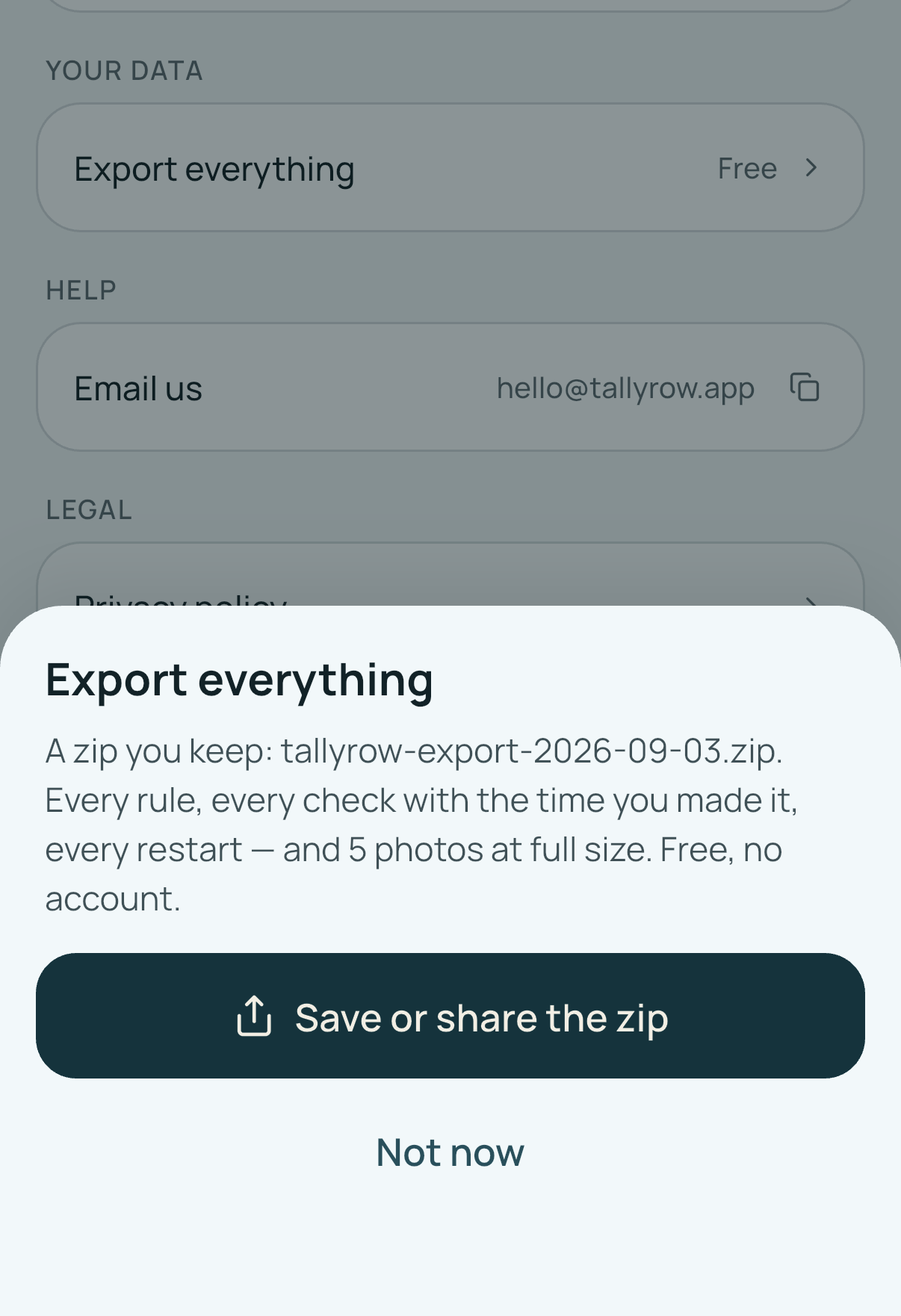 Export everything: one zip of every rule, check and photo, free