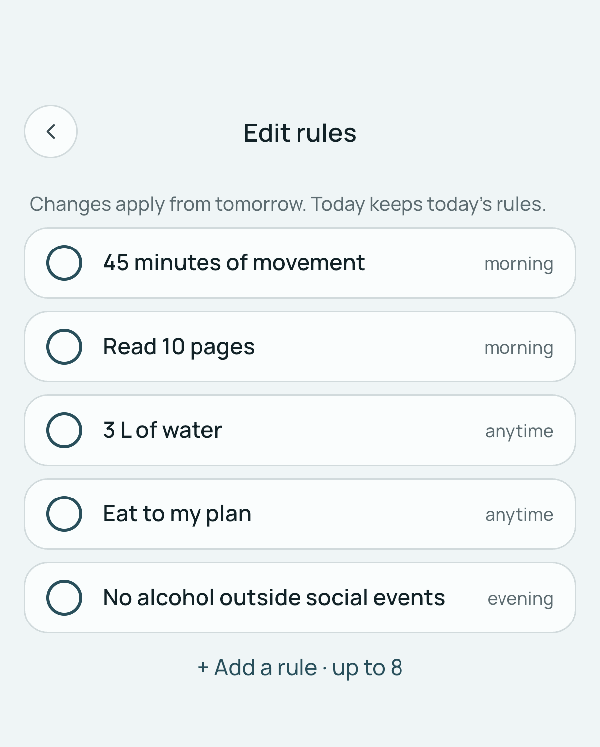 The rules list, editable